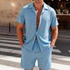 Set da Spiaggia Estivi da Uomo Tuta Casual da Strada Set Due Pezzi per Sport all'Aperto Camicia a Bottoni Liscia Pantaloncini con Coulisse Abbigliamento Sportivo