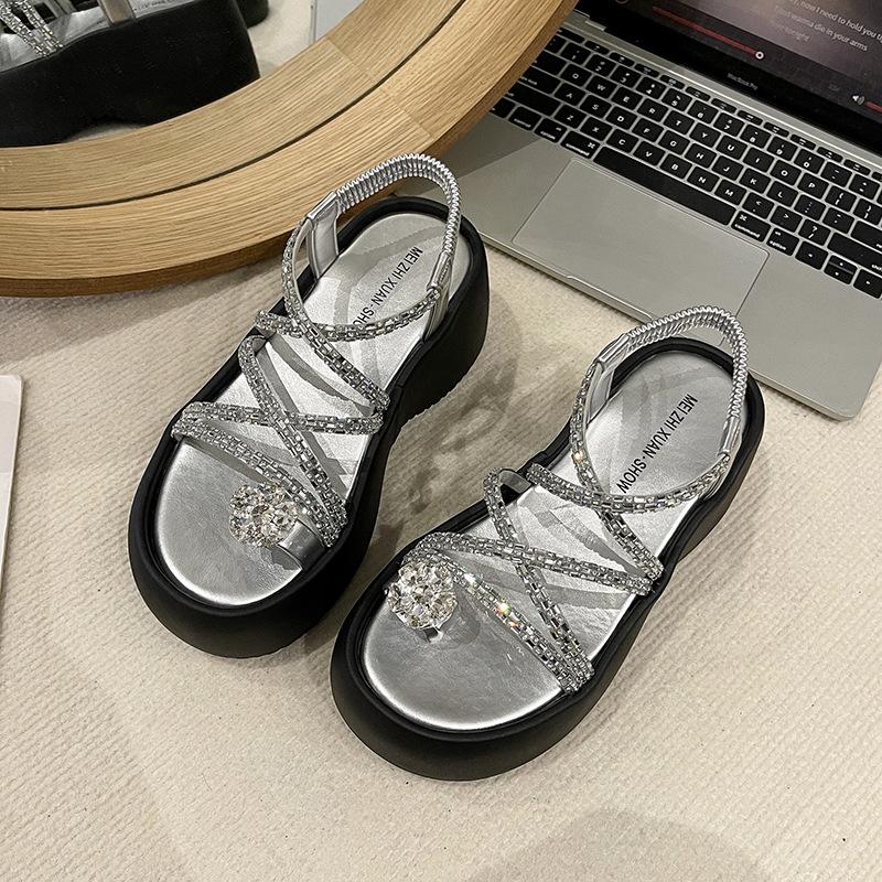

Sandals women s 2025 summer new rhinestone strip temperament muffin bottom fashion summer platform beach shoes 7cm 40