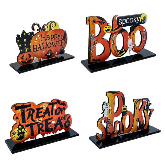 Stable Base Halloween Decor Wooden Tabletop Ornaments, Freestanding Solid Wood Letter Signs, Decorative Table Centerpiece Word Signs with Pumpkin And