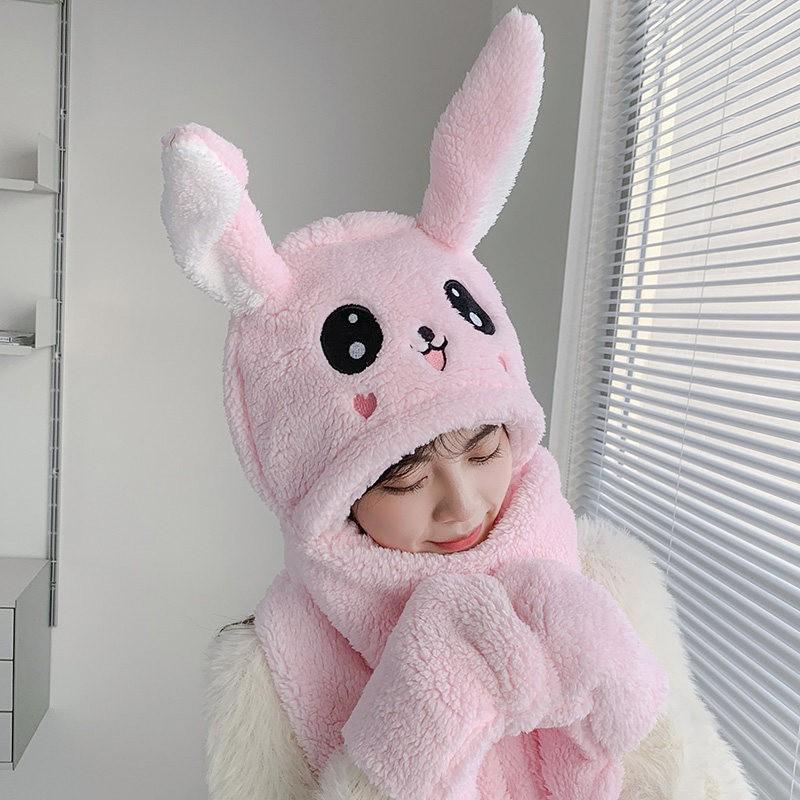 Warm Knitted Rabbit Ear Hat With Scarf Kids Women Winter Outdoor Wear Soft Fleece Lined Adjustable Hooded Beanie
