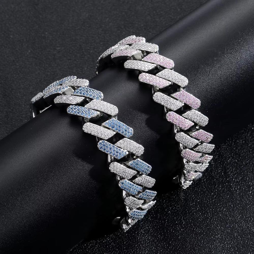 Personalized Hip Hop Jewelry 20mm Bling Iced Out Two Tone Silver and Pink CZ Prong Miami Cuban Link Chain Bracelet