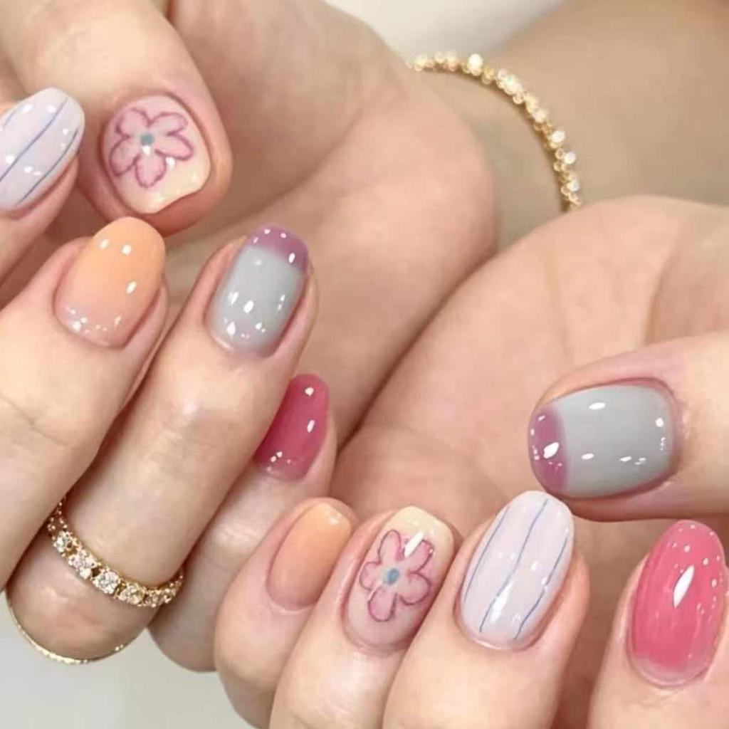 Colorful Summer Dopamine Contrasting Color Korean Candy Floral Press-On Nails, Romantic Girlish Removable False Nail Art 24 Pcs