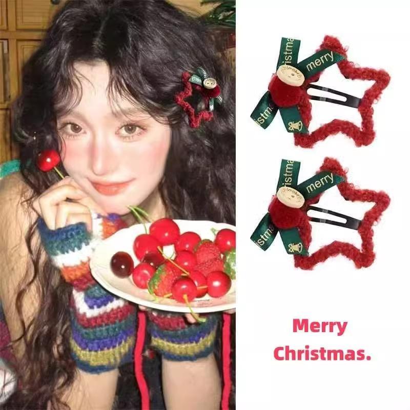 1-2Pcs Christmas Plush Star Hair Clips Side Hairpin Clip New Year Decoration Shattered Clips Hair Accessory Headwears Winter