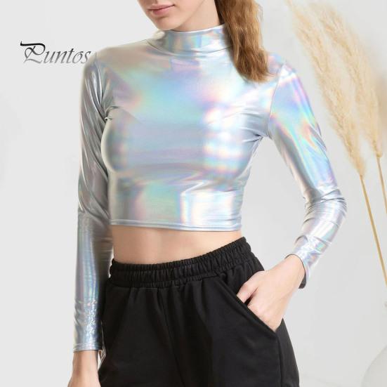 Lady Crop Top Women Club Half-high Collar Glossy Surface Skinny Waist-exposed Solid Color Soft Pullover Breathable Pole Dance Performance Party