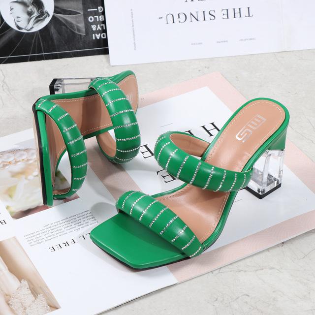

Летние женские фетиш-шлепанцы на высоком каблуке 8,5 см со стразами, прозрачные шлепанцы на блочном каблуке с кристаллами, женские туфли без каблуков, синие, зеленые туфли для выпускного вечера 39 зелёный