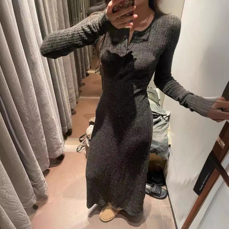 Gray long-sleeved knitted dress women's spring high-end feeling waist drape pit strip temperament long dress