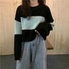 Women's Versatile Striped Color Block Round Neck Sweater - Slimming Long Sleeve Knit Top for Autumn & Winter