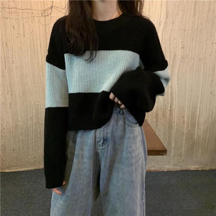Women's Versatile Striped Color Block Round Neck Sweater - Slimming Long Sleeve Knit Top for Autumn & Winter