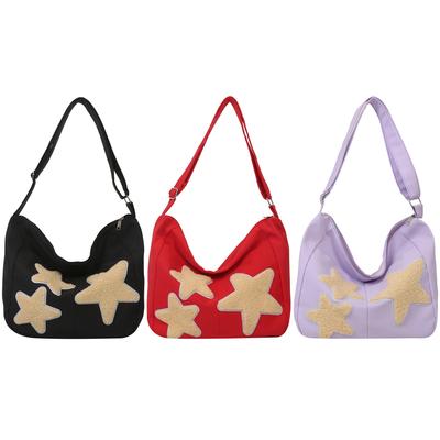 Women Solid Color Sling Satchel Large Capacity Commuting Shoulder Bag Adjustable Strap Ladies Crossbody Bag Star Embroidered Bag