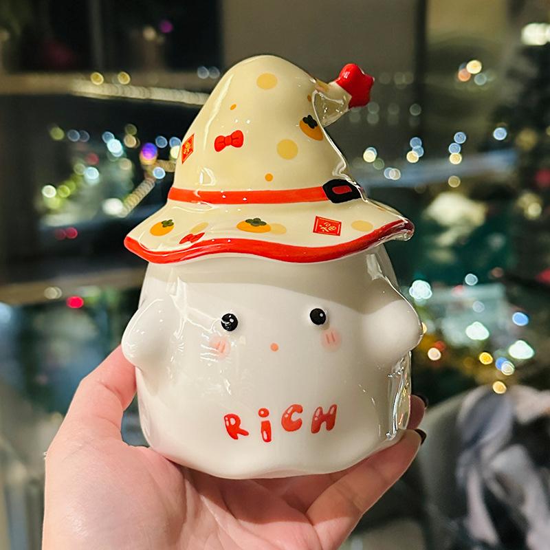 Red Festive New Year Cartoon Ceramic Mug Creative Water Cup With Lid Household Cup Spring Festival Souvenir approx. 350ml