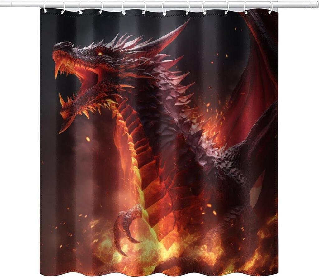Cartoon Retro Dragon Shower Curtain Medieval Castle Shower Curtain, Fantasy Magic Dragon Retro Pattern Printed Boys Girls Teen