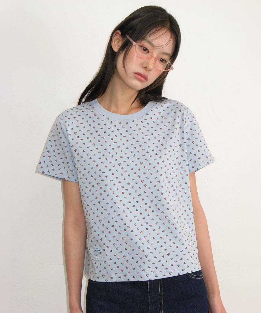 RONRON Floral Mini Label Crop Short Sleeve Soft Blue