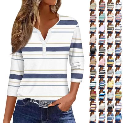 Women's Fashion Casual Striped Print V-Neck Decorative Button Three-quarter Sleeve T-Shirt Top