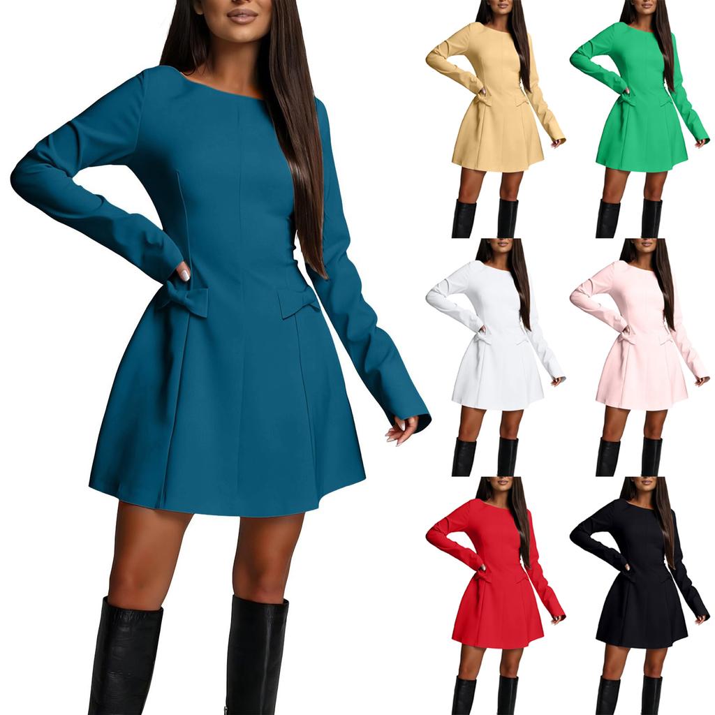 Women's Elegant Color Long Sleeve Round Neck Waist Dress