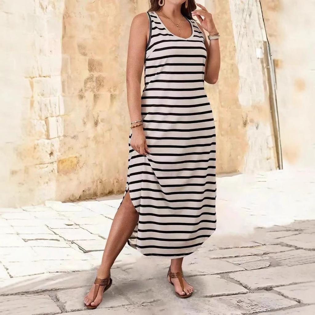 Sommer Neu, Gestreiftes Ärmelloses Kleid, Modisches Und Sexy Strandkleid