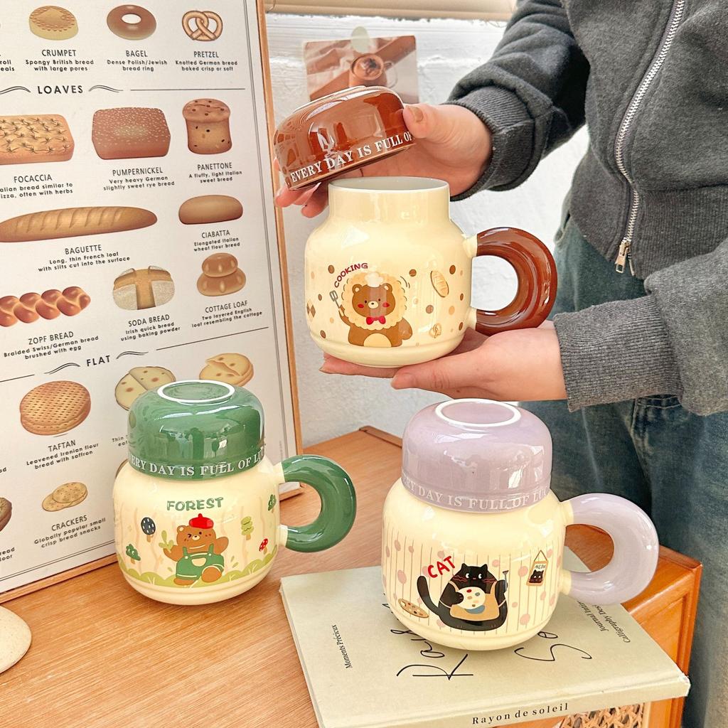 Milk fufu mug with lid cute ceramic cup girls couple water cup home coffee breakfast cup children