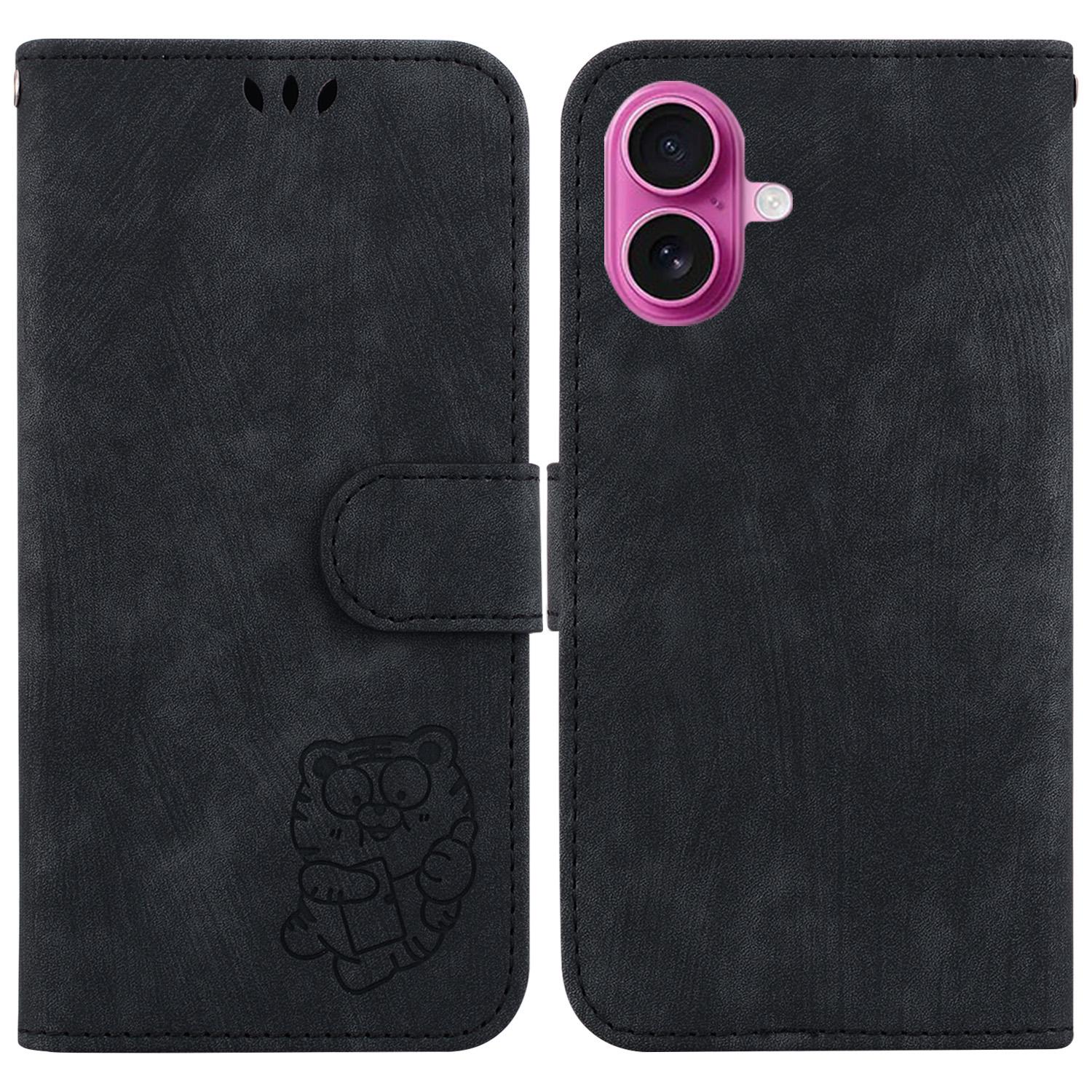 

For iPhone 17 Wallet Case Tiger Imprint Leather Shockproof Phone Cover with Wrist Strap Black