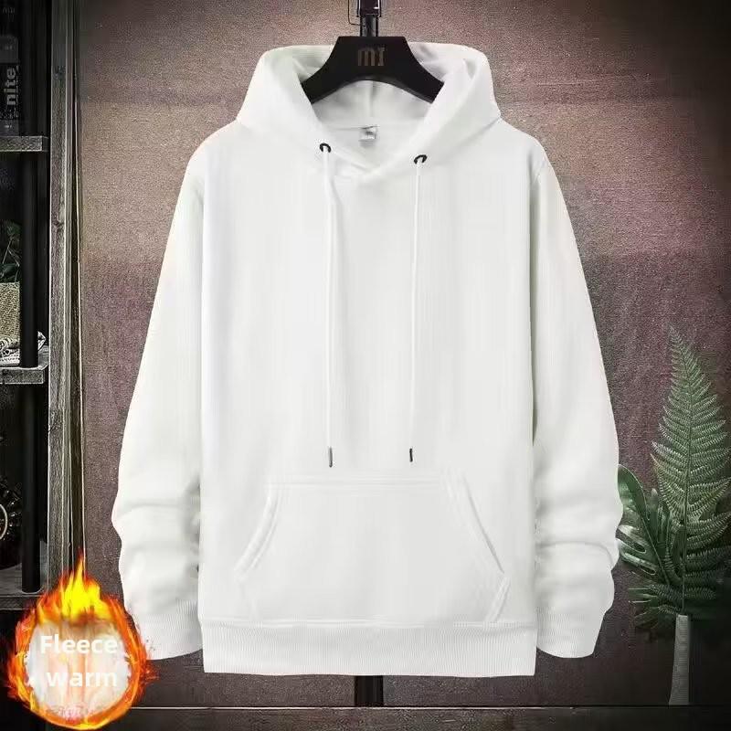 Men's Korean-Style Thick Hooded Sweatshirt - Large, Loose Fit, Velvet-Lined, Solid Color for Fall/Winter