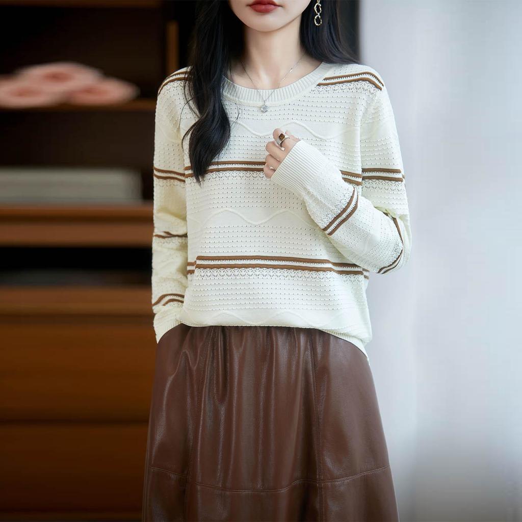 Korean Striped Crew Neck Long Sleeve Knit Sweater for Women - 2025 Autumn Loose Fit