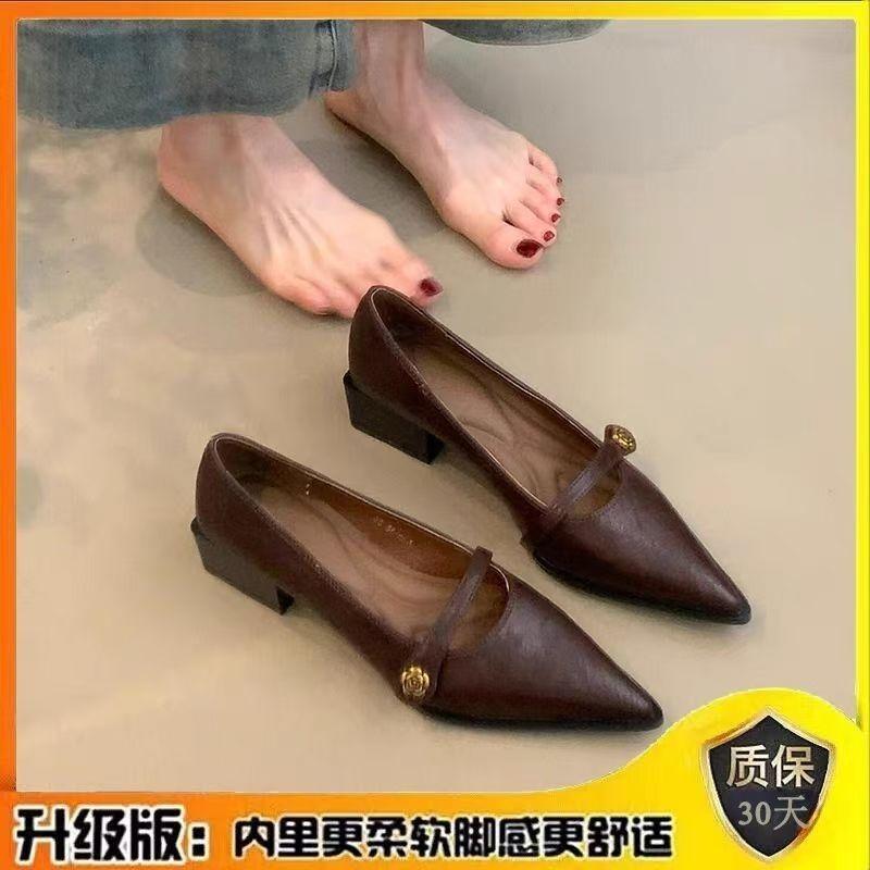 

High-quality retro shallow French new pointed high heels Mary camellia one-word buckle temperament versatile single shoes 40