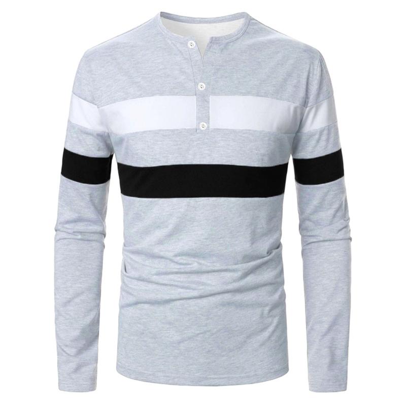 

Men s Long Sleeve 3-Button T-Shirt with Fashionful Color Block Design Basic Casual Outdoor Style Comfortable Polyester Fabric 3XL серый