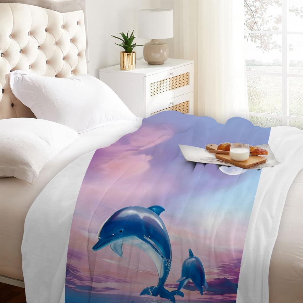 1pc Pink Blanket Dreamy Style Dolphin 3D Print Comfortable Flannel Blanket for Home Living Room Bedroom Decoration Birthday Gift