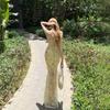 French yellow tulle splicing suspender dress women's summer seaside vacation pleated sexy fishtail hip-wrapped dress