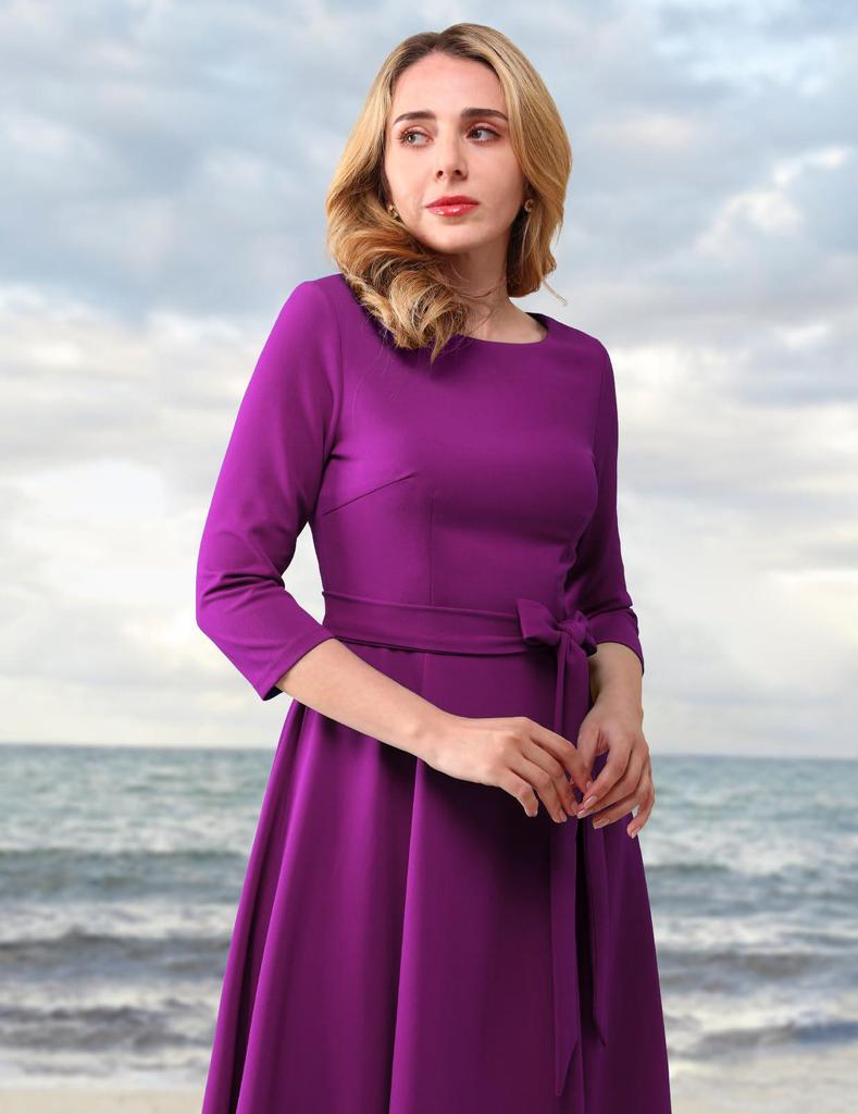 Garden Collar Seven-Sleeve Women's Evening Gown with Wide Hem Skirt - Solid Color Vacation Dress