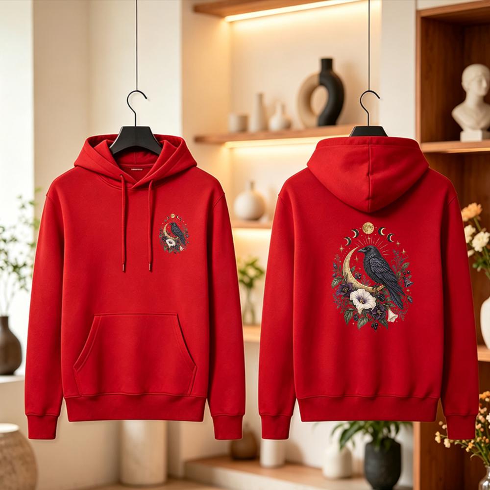 Witchy Raven Hoodie Celestial Moon Long Sleeve Gothic Floral Crow Sweatshirt Botanical Moon Phase Pullover Dark Cottagecore Gift