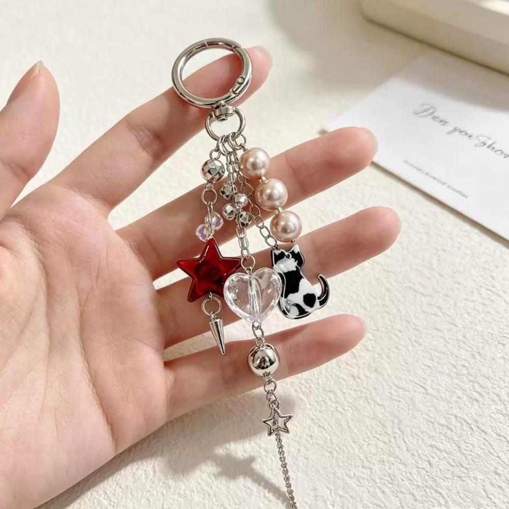 Cat Star Leopard Ribbon Tassel Pearl Bead Bag Charm Punk Gothic Backpack Accessories Bag Charm