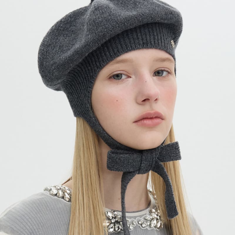 Brown Hat Tricot Ribbon Beret - Grey
