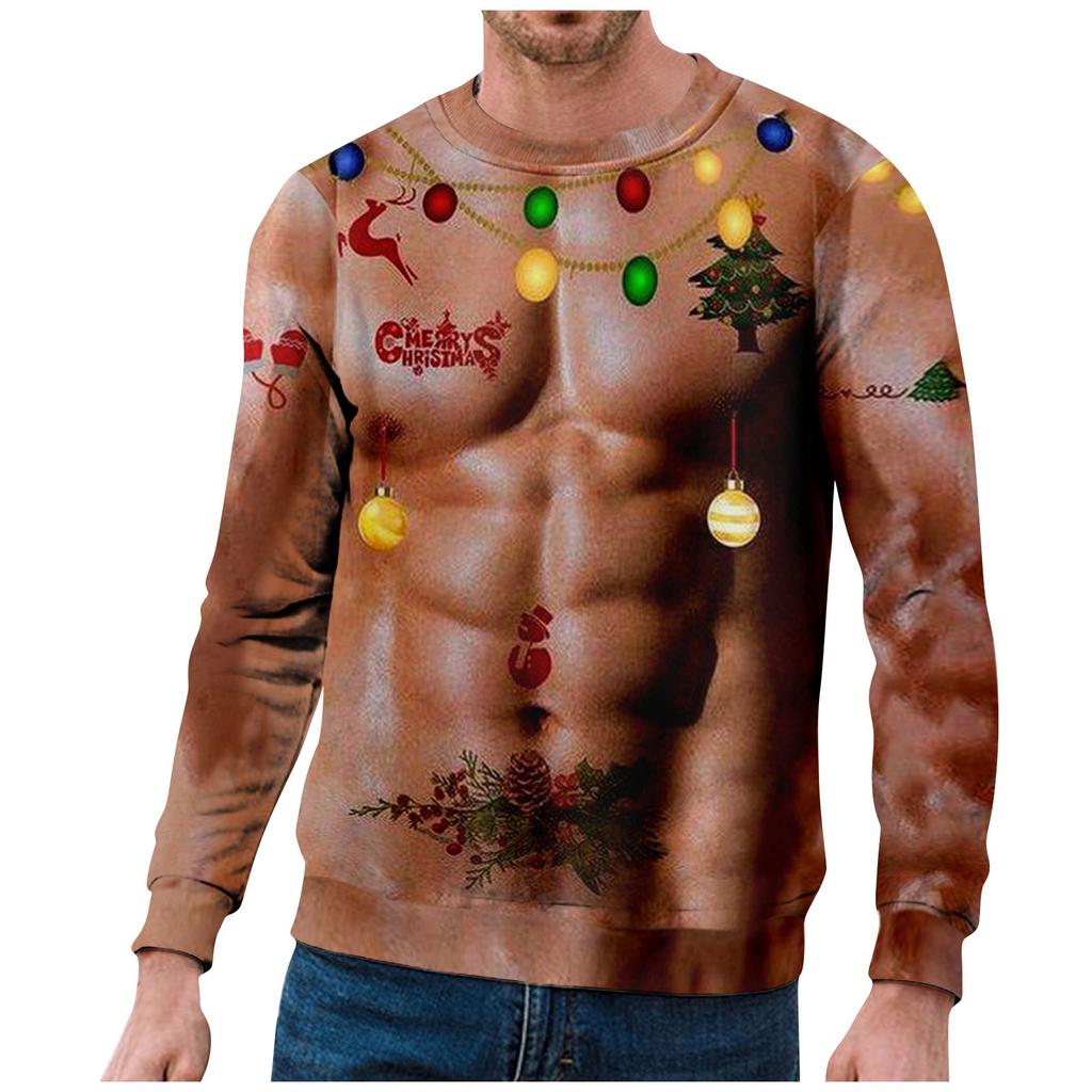 Christmas Chest 3D Print Long Sleeve Sweater Creative Couple  Winter Round Neck Party Coat