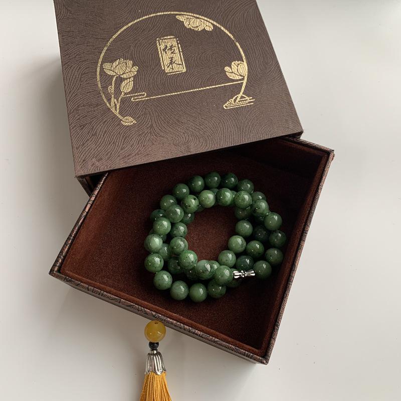 Natural Hetian Jade Jasper Necklace with Round Beads in Cabbage Green - 10mm Jade Necklace