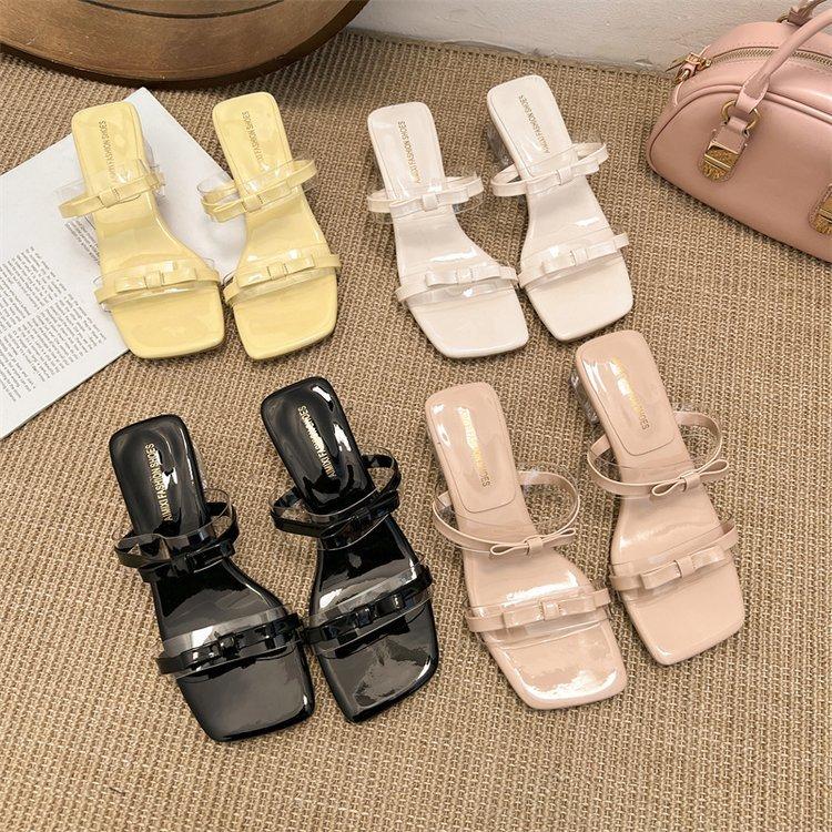 Square Head Bow Crystal Heel French Sandals Girl 2025 New Summer High Heel Fairy Style Thick Heel Sandals Sweet