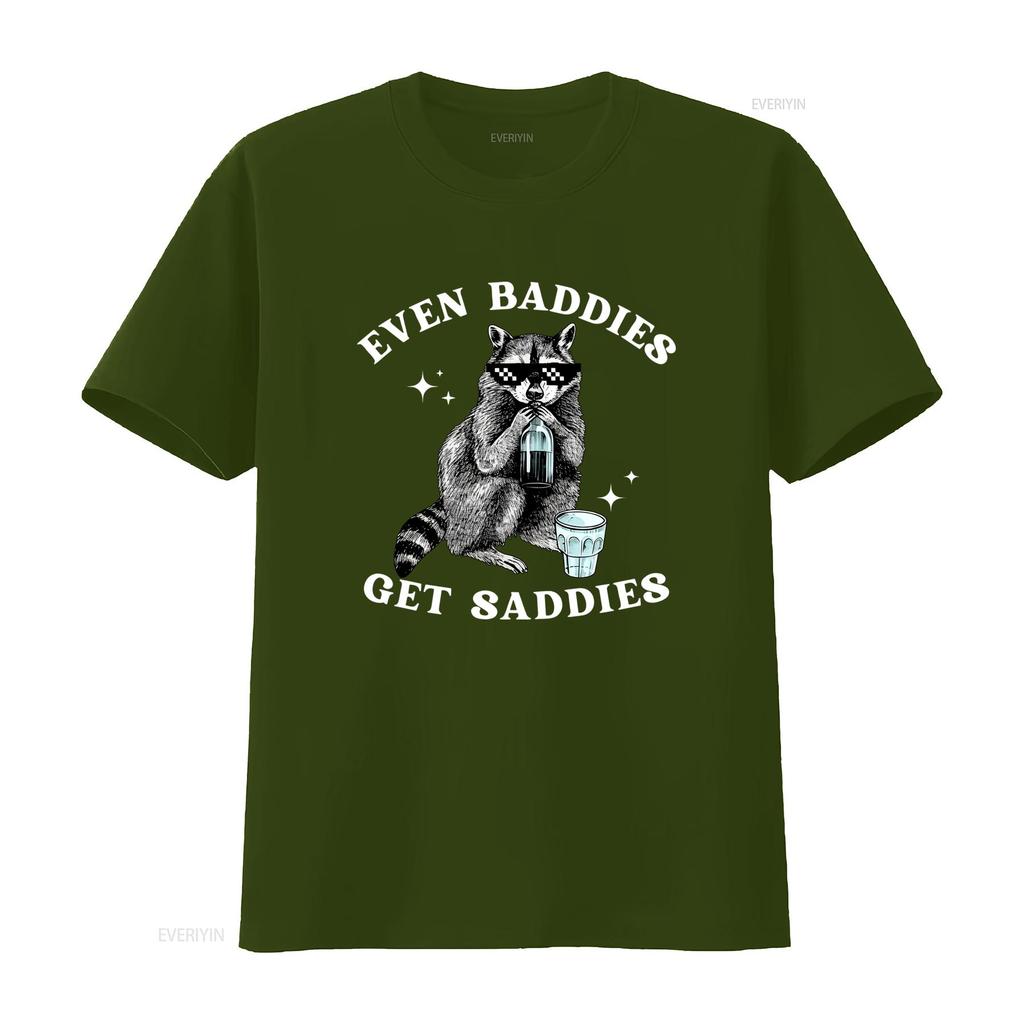 Vintage Funny Raccoon Even Baddies Get Saddies Slogan Streetwear Print Casual T Shirt vintage Washed designer clothes Versatile