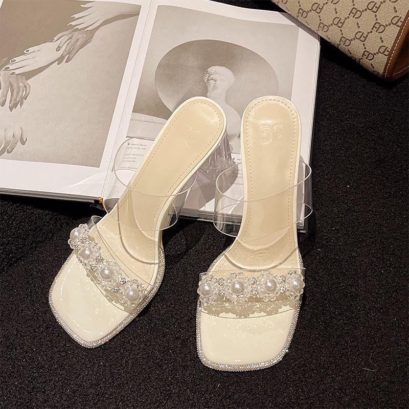 

Прозрачные сандалии женские туфли на высоком каблуке лето 2025 новые высококлассные модные универсальные хрустальные толстый каблук носить крутые тапочки 40 бежевый