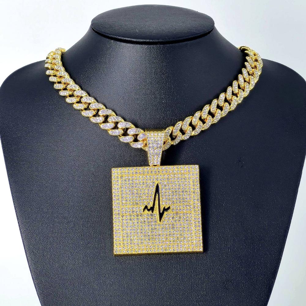 Hip Hop Electrocardiogram Lifeline Geometric Pendant Necklace With 13mm Box Buckle Cuban Chain Necklaces Fashion Jewelry For Men