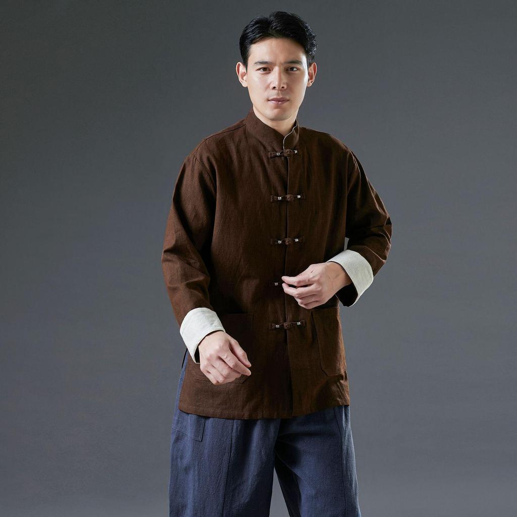 Men's 2025 Spring Silver Buckle Overlap Coat - Retro Chinese Style with Frog Buttons, Loose Casual Fit, Roll-Up Sleeves