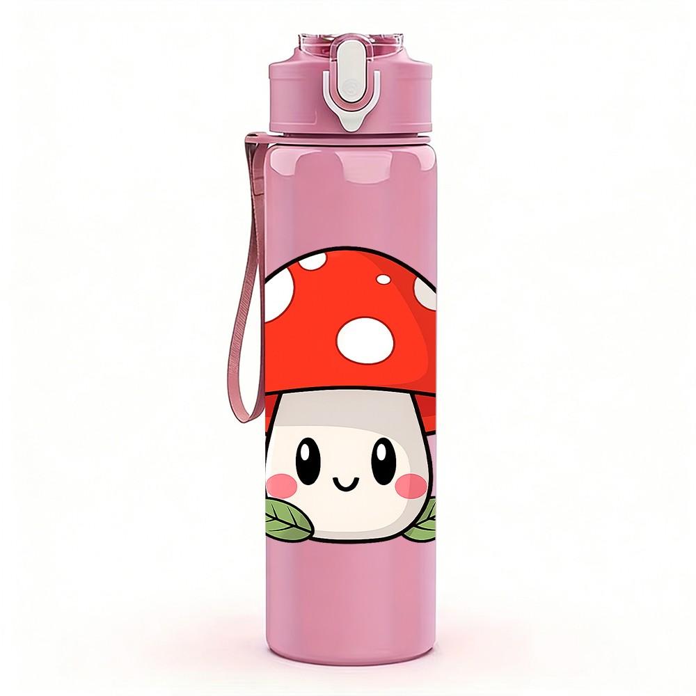 1PC Mushroom Cartoon Pattern 750ml Color Plastic Sports Water Bottle Leakproof Flip Straw Lid Suitable for Sports Office Home Use