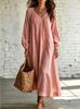 Summer new lace V-neck cotton and linen dress for women, loose long-sleeved vacation style solid color medium and long skirt
