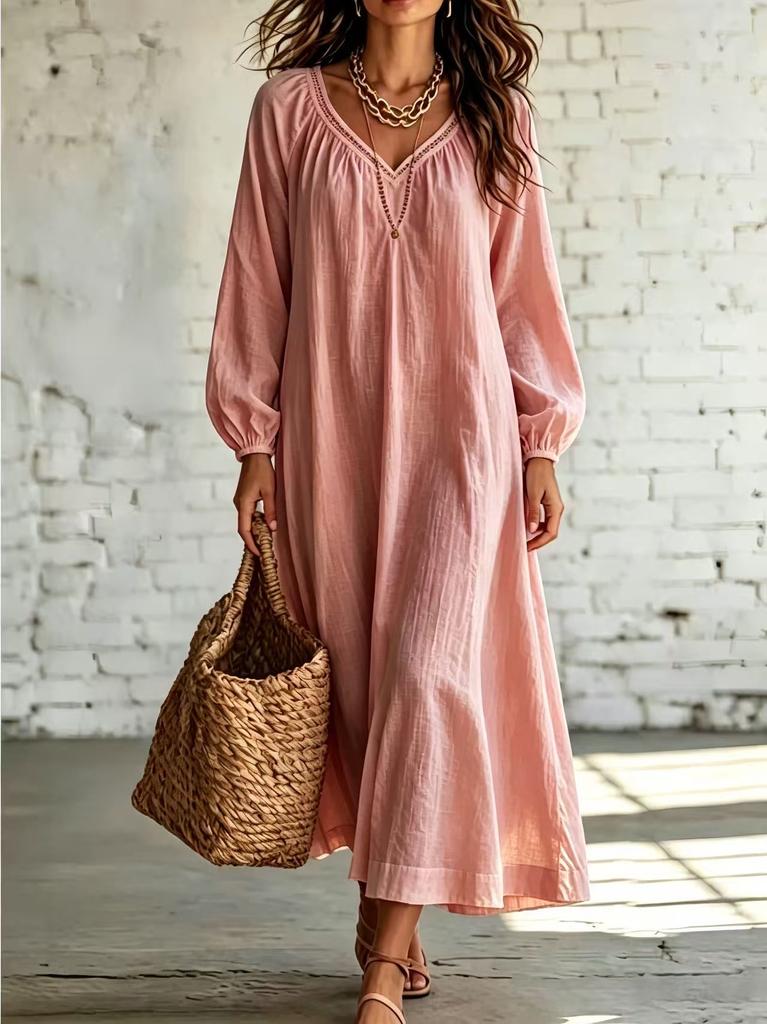 Summer new lace V-neck cotton and linen dress for women, loose long-sleeved vacation style solid color medium and long skirt