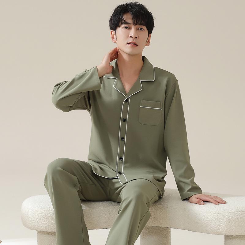 Herren Übergröße Reiner Baumwoll-Pyjama-Set - Langärmiger Cardigan für Herbst/Winter