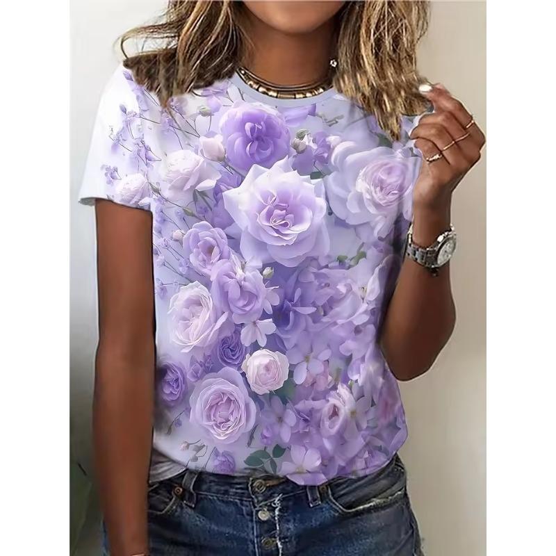 Women's Summer Round Neck Temperament T-shirt Breathable Short-sleeved Retro Floral Pattern Top Loose Casual Wear Ladies 3d T-shirt