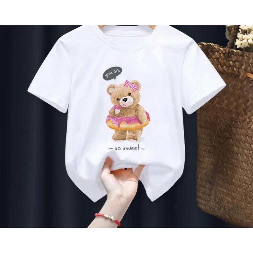 Children's Funny Bear Print T-shirt Summer Short Sleeve Cartoon Harajuku Style Girl Boy Teddy Bear T-Shirt Tops for Kids
