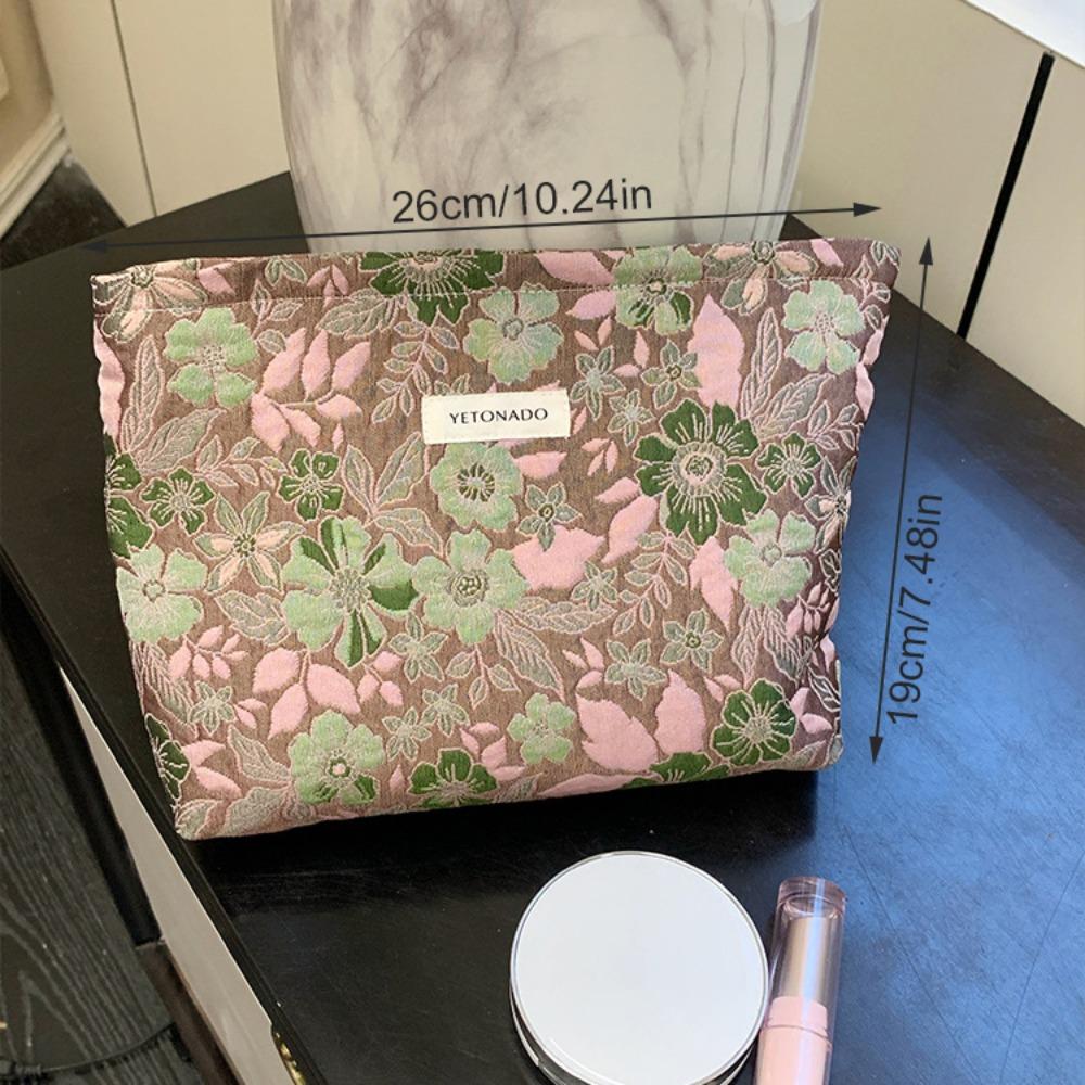 Polyester Canvas Flower Clutch Bag Flower Pattern Large Capacity Makeup Bag Portable Zipper Closure Cosmetic Organizer
