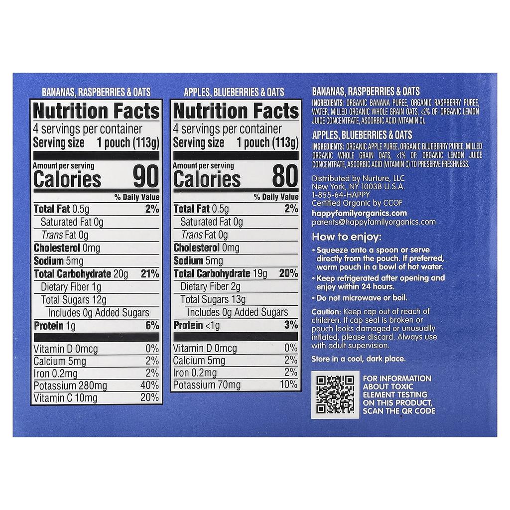 Happy Family Organics, Happy Baby®, 6+ Months, Organic Fruit & Oat, Variety Pack, 8 Pack, 4 oz (113 g) Each