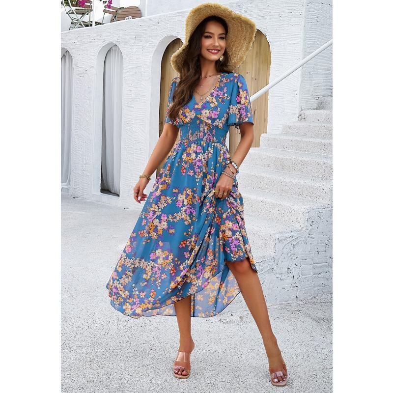 QICED Damen Mode Sommer Frühling V-Ausschnitt Kurzarm Freizeitkleider