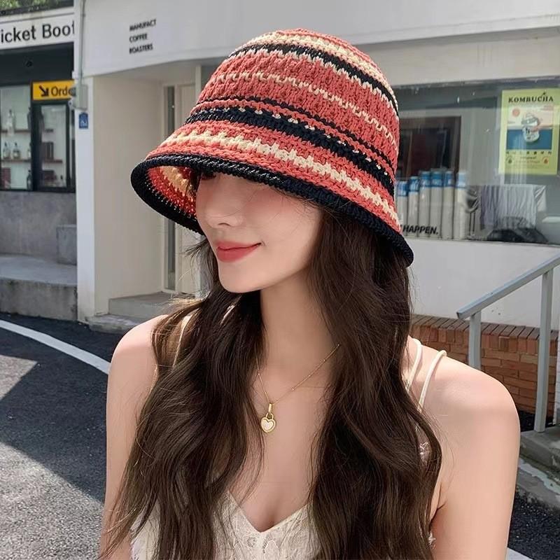 Knitted Hollow Fashionable Fisherman Hat With Color Splicing Design Daily For