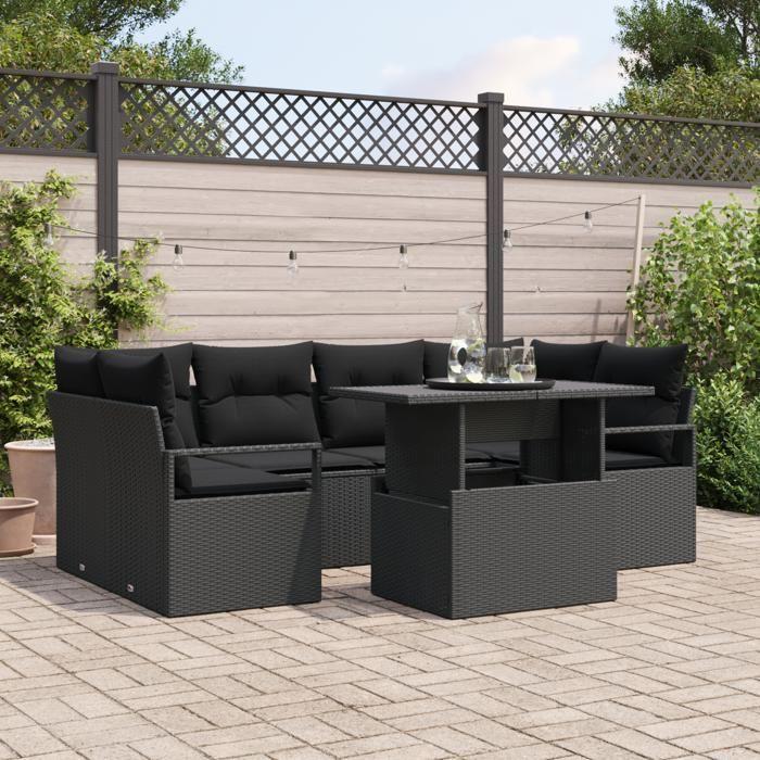 Ensemble de Canapé de Jardin 7 Pièces avec Coussins Rattan Poly Noir, Canapé de Jardin 2 Places avec Coussins Rattan Poly 3348759