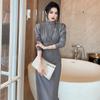 Women's Professional Dress Vintage Crew-neck Pleated Fanny Pack Hip Commuter Dress